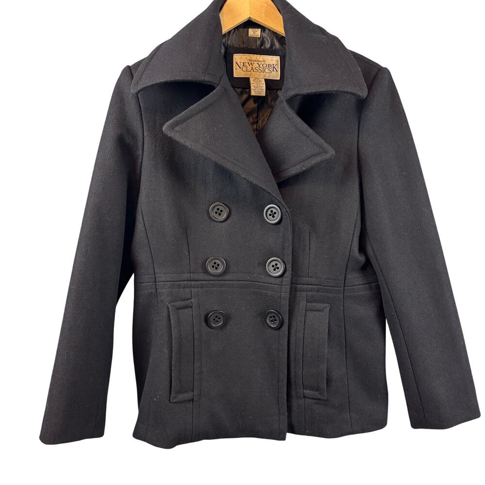 Double Breasted Wool Pea Jacket NY Classics Timeless Black Classy Outerwear Med.